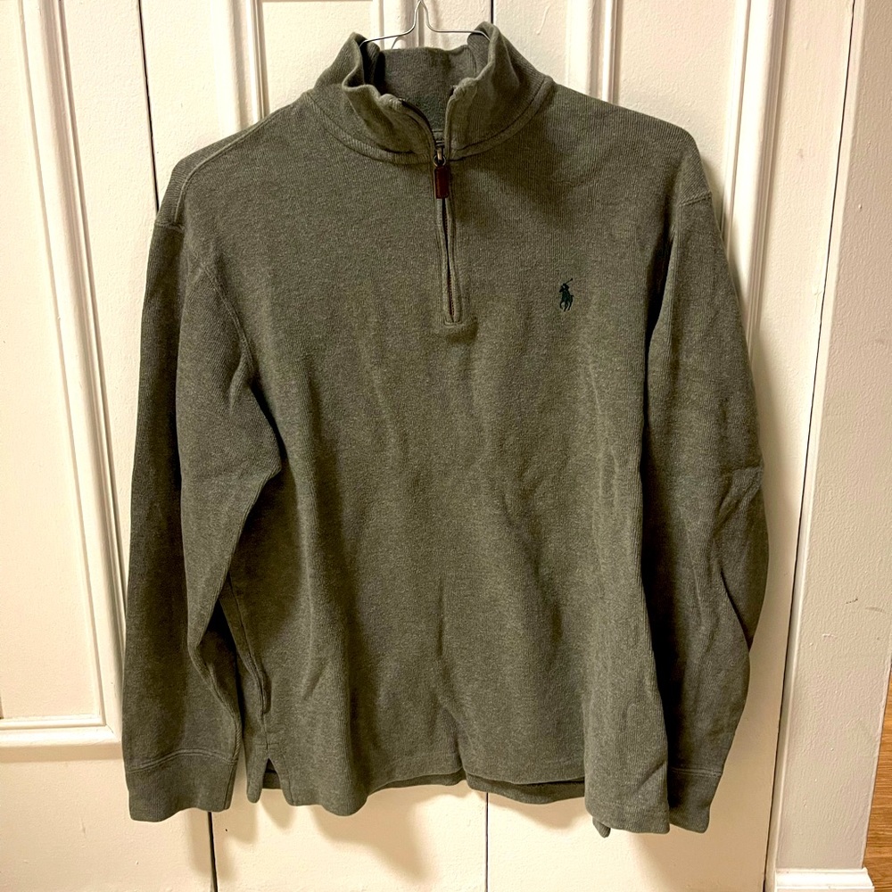 Polo Ralph Lauren quarter zip. Size Large. Gray w/ green logo. 100% cotton.